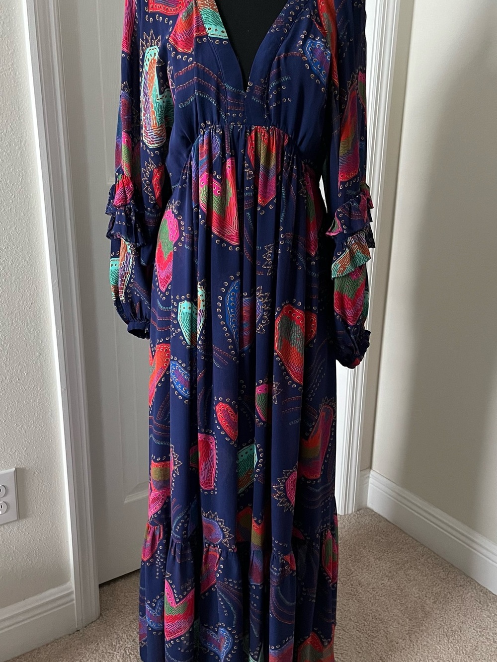 FARM Rio Shiny Hearts Ruffle Maxi Dress in Navy – Size M (Open Back)